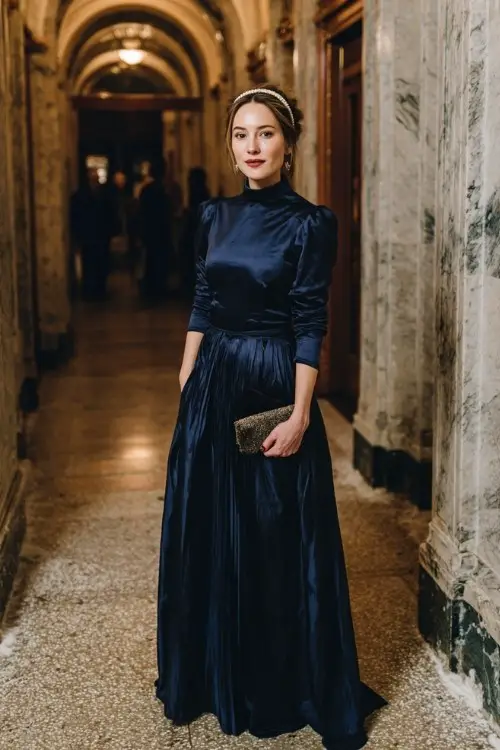 A woman over 30 wears a deep navy satin gown with a pleated skirt and high neckline, styled with a pearl headband and velvet clutch