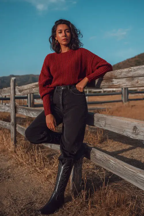 A woman over 30 wears a deep-red ribbed sweater with high-waisted dark jeans and tall black cowboy boots