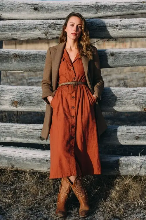 A woman over 30 wears a rust-colored maxi dress with button details and a belted waist, layered with a tailored coat and styled with embroidered cowboy boots