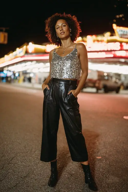 A woman over 30 wears black leather pants, a sequined silver crop top, and ankle boots