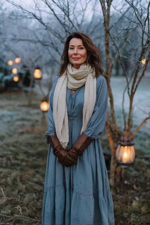 A woman over 40 wears a flowy midi dress in slate blue with subtle embroidery at the hem, paired with a wrap shawl in cream and matching leather gloves