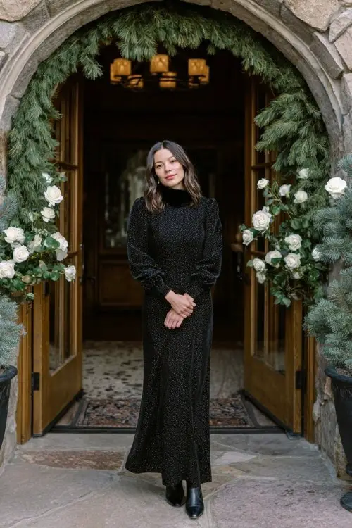 A woman over 40 wears a long black gown with subtle shimmer and bishop sleeves, paired with sleek dark brown cowboy boots and a faux fur collar