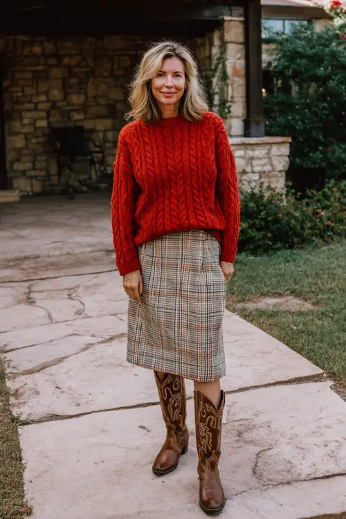 A woman over 40 wears a relaxed red cable-knit sweater paired with a plaid wool skirt and brown embroidered cowboy boots