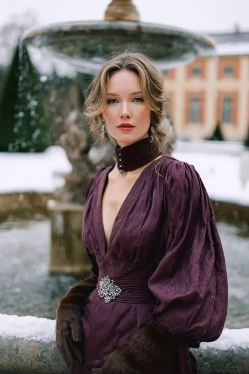 A woman over 40 wears a rich plum gown with long bishop sleeves and subtle shimmer, accessorized with a rhinestone belt and fur-trimmed gloves