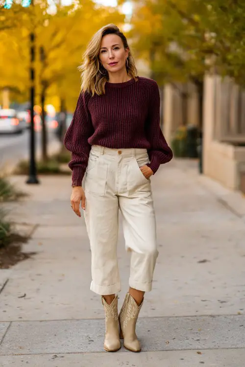 A woman over 40 wears a wine-colored ribbed sweater, cream trousers, and tan cowboy boots