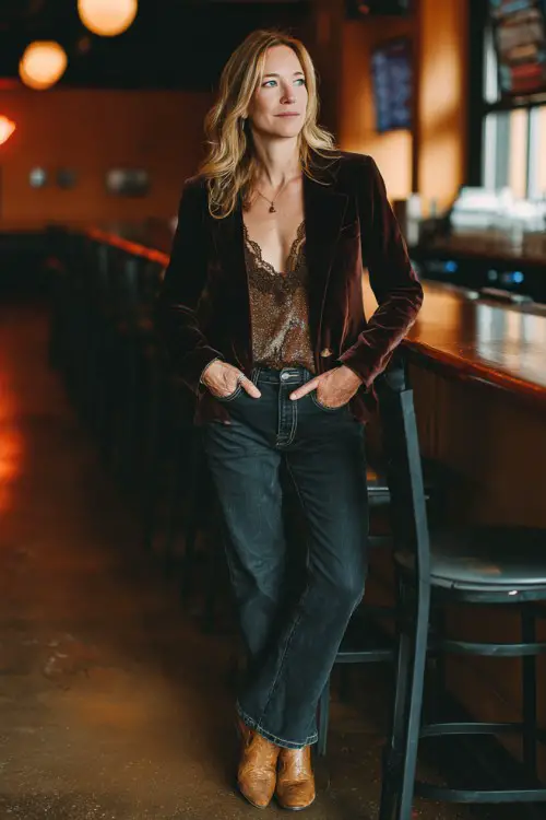 A woman over 40 wears dark jeans, a velvet blazer over a lace camisole, and heeled boots (2)