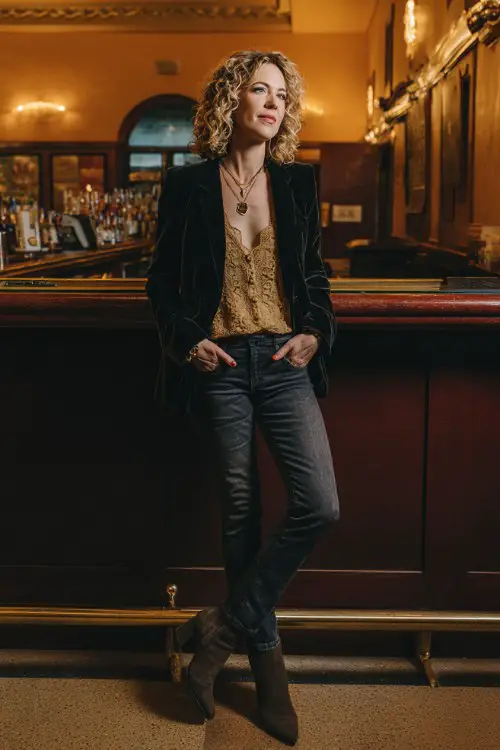 A woman over 40 wears dark jeans, a velvet blazer over a lace camisole, and heeled boots