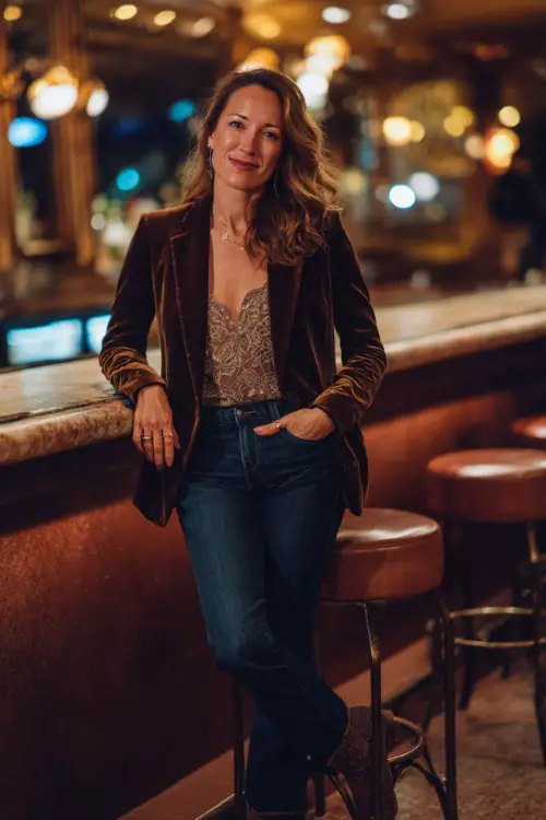 A woman over 40 wears dark jeans, a velvet blazer over a lace camisole, and heeled boots
