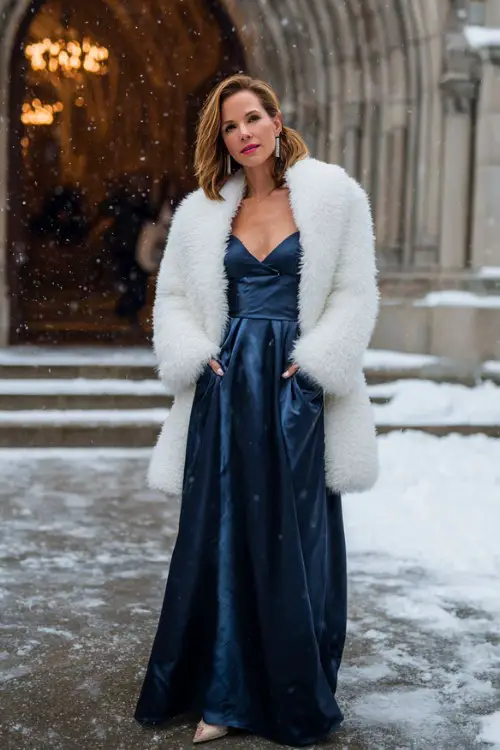 A woman over 50 wears a navy satin gown with long sleeves and a white faux-fur coat
