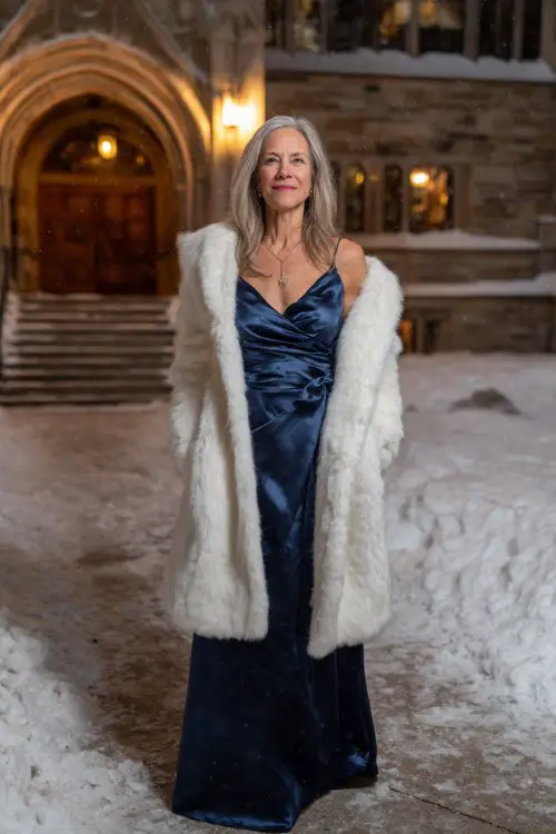 A woman over 50 wears a navy satin gown with long sleeves and a white faux-fur coat