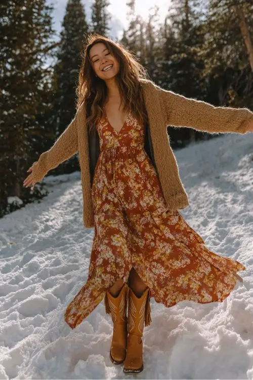 A woman spins in a snowy meadow in a bohemian floral maxi dress, long tan cardigan, and suede brown cowboy boots with fringe