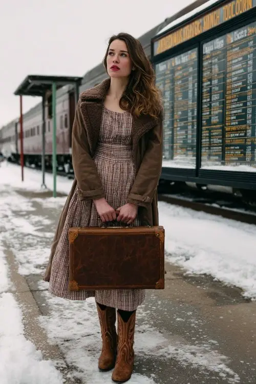 A woman stands at a snowy train platform in a plaid midi dress, shearling-lined brown trench, and pointed brown cowboy boots