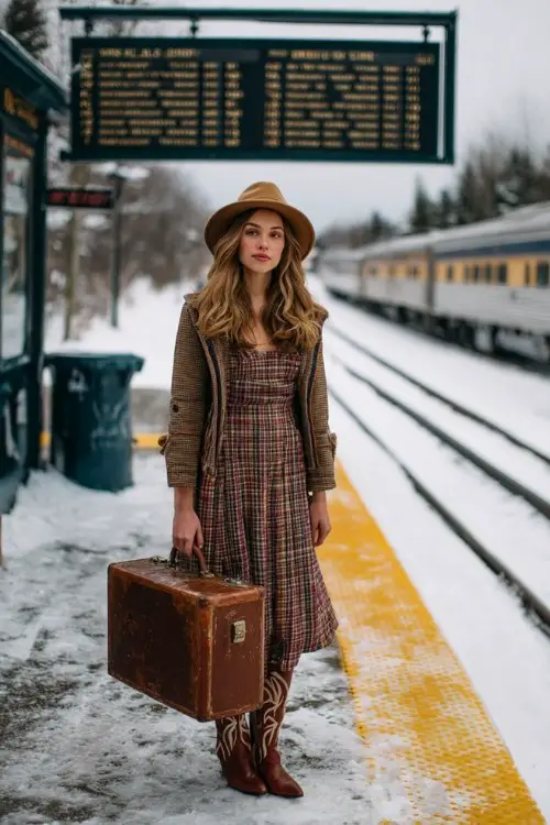A woman stands at a snowy train platform in a plaid midi dress, shearling-lined brown trench, and pointed brown cowboy boots