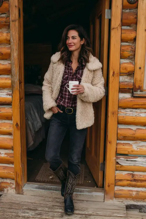A woman stepping out of a cabin in a cream fur jacket, dark jeans, plaid shirt, and rugged black cowboy boots