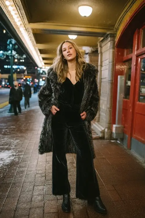 A woman steps out of a retro subway station in a black velvet jumpsuit with flared legs tucked into black cowboy boots, an oversized faux fur coat draped over her shoulders