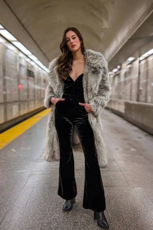 A woman steps out of a retro subway station in a black velvet jumpsuit with flared legs tucked into black cowboy boots