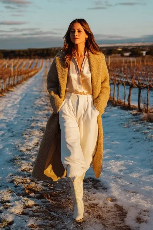A woman strolls across a snow-dusted vineyard wearing wide-leg white trousers tucked into tall white cowboy boots, a blush satin blouse, and a long boucle coat