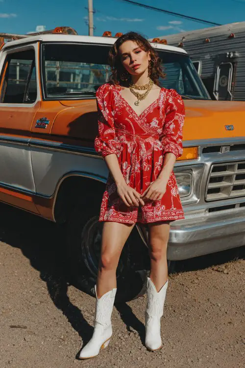 A woman twirling in a red bandana-print mini dress with puff sleeves, white cowboy boots, and layered gold necklaces
