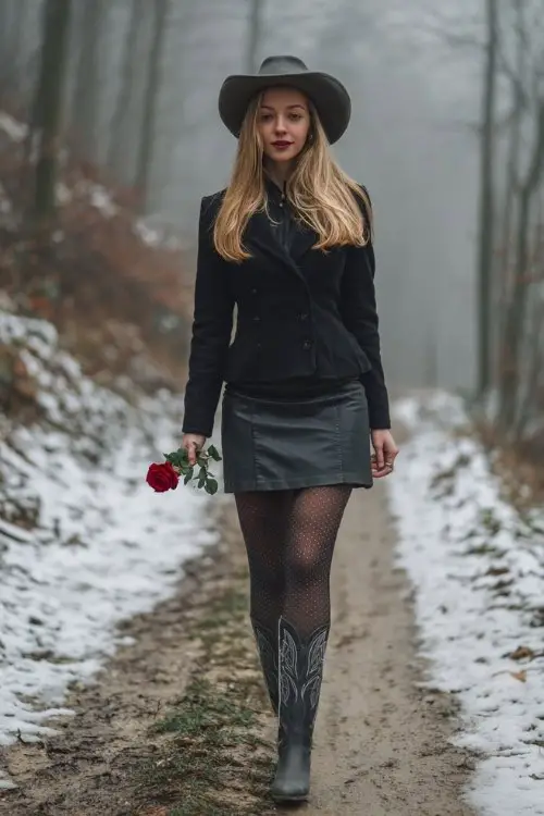 A woman walks through a foggy winter forest in a fitted black wool coat, high-waisted leather skirt, patterned tights, and black cowboy boots with silver tips