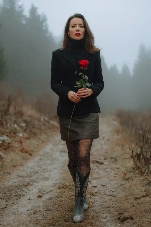 A woman walks through a foggy winter forest in a fitted black wool coat, high-waisted leather skirt, patterned tights, and black cowboy boots with silver tips