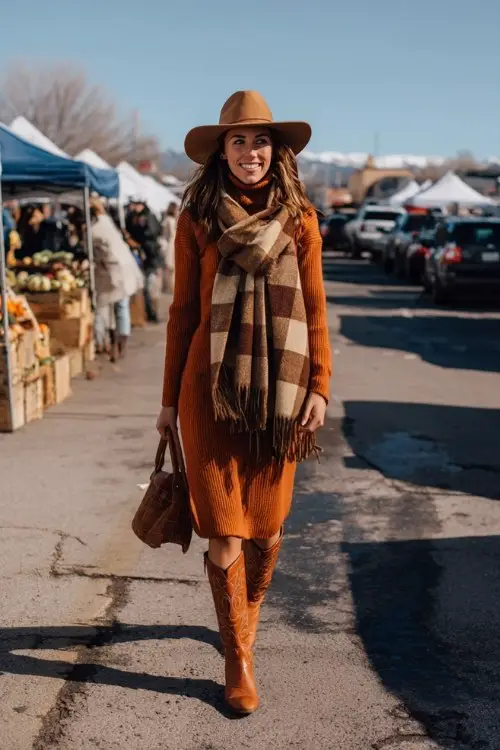 A woman walks through a winter farmer’s market in a rust knit turtleneck dress, oversized checked scarf, wide-brim hat