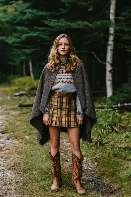 A woman wearing a belted wool cape, fair isle sweater, plaid skirt, and brown cowboy boots