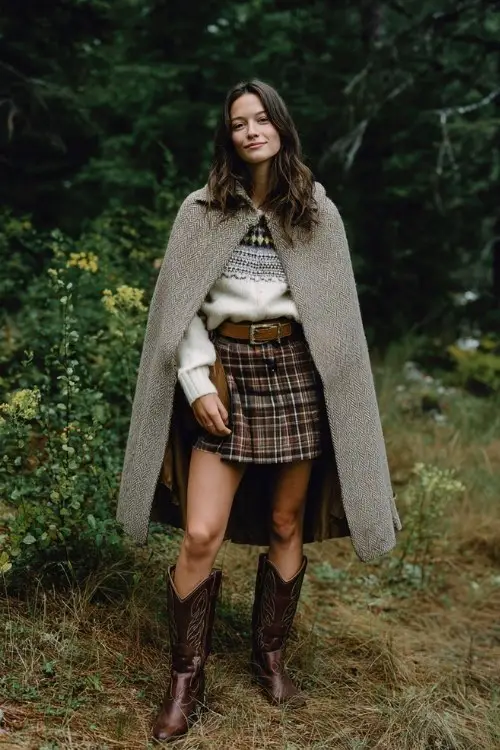 A woman wearing a belted wool cape, fair isle sweater, plaid skirt, and brown cowboy boots
