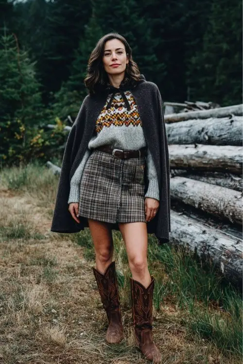 A woman wearing a belted wool cape, fair isle sweater, plaid skirt, and brown cowboy boots