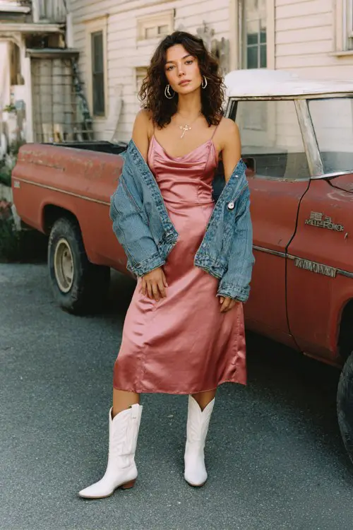 A woman wearing a midi satin slip dress in dusty rose with an oversized denim jacket draped over her shoulders, white cowboy boots