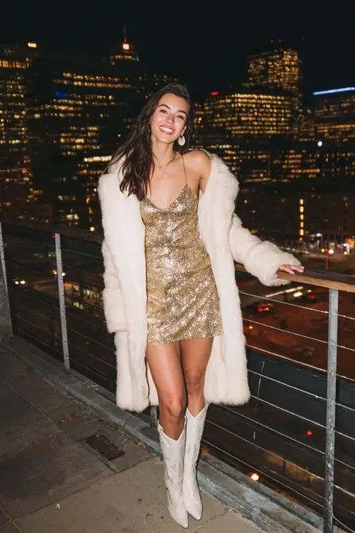 A woman wearing a sparkling gold mini dress, white cowboy boots, and a long faux fur trench coat
