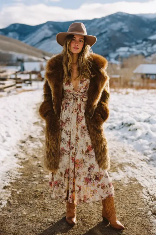 A woman wearing a vintage fur coat with a flowy floral maxi dress, suede tan cowboy boots, and a felt hat