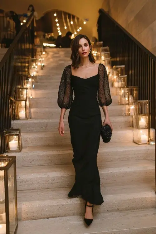 A woman wears a black floor-length gown with sheer sleeves and sequin detailing, styled with ankle-strap heels and a structured clutch