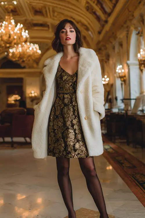 A woman wears a black jacquard midi dress with gold floral embossing, paired with a structured cream fur swing coat, opaque tights, and velvet pumps