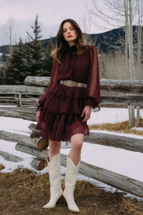 A woman wears a burgundy chiffon dress with long sheer sleeves and a tiered hem, paired with cream-colored cowboy boots and a statement belt