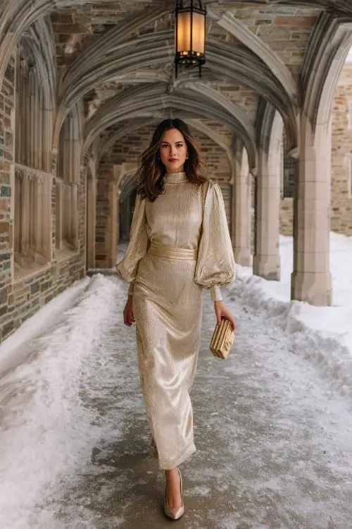 A woman wears a champagne gold full-length gown with long bishop sleeves and a high neckline, styled with beige heels and a vintage clutch