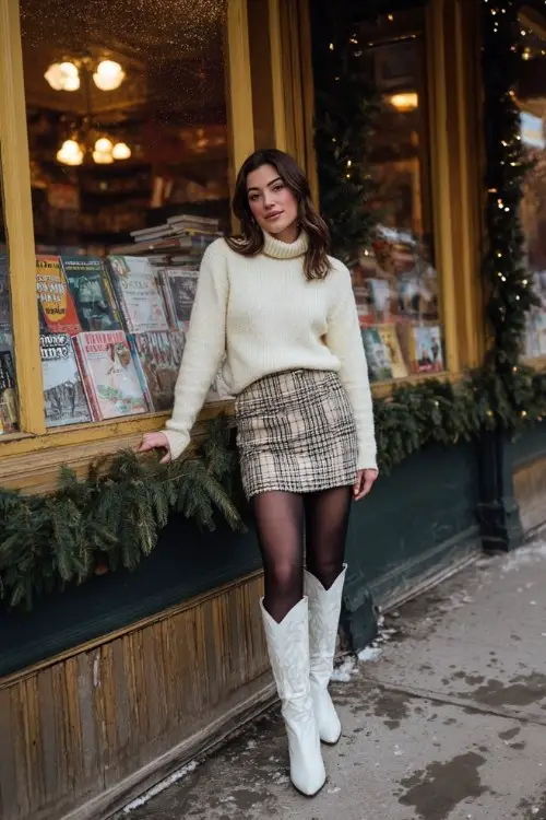 A woman wears a cream turtleneck sweater with a plaid wool mini skirt, black tights, and tall white cowboy boots