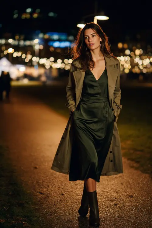 A woman wears a dark green silk midi dress with ankle boots and a tailored trench coat