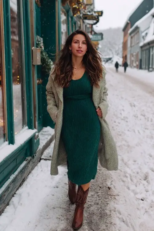 A woman wears a deep green knit midi dress with long sleeves and brown cowboy boots, layered with a wool wrap coat