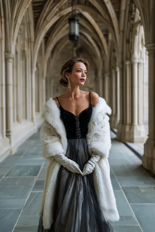 A woman wears a dramatic tulle gown in muted charcoal with a fitted velvet bodice, layered with a white full-length faux fur coat and gloves