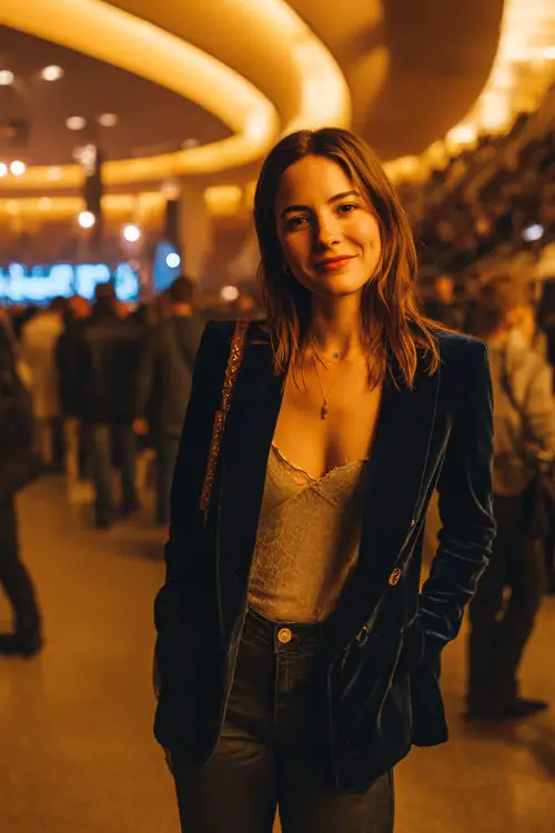 A woman wears a fitted navy velvet blazer over a silk camisole and dark jeans, paired with pointed-toe boots