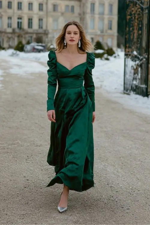 A woman wears a floor-length emerald green gown with structured shoulders and long sleeves, paired with silver heels and chandelier earrings