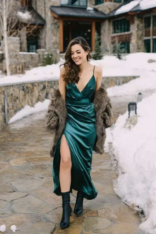 A woman wears a long emerald green satin gown with a thigh-high slit, paired with sleek black heeled boots and a faux fur stole