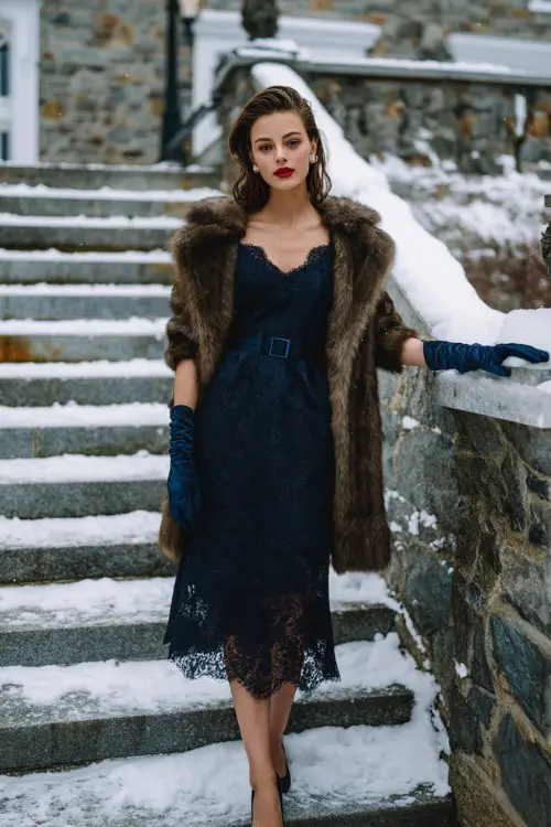 A woman wears a navy lace overlay dress with scalloped sleeves and velvet belt, layered under a vintage-style faux fur coat and finished with satin gloves