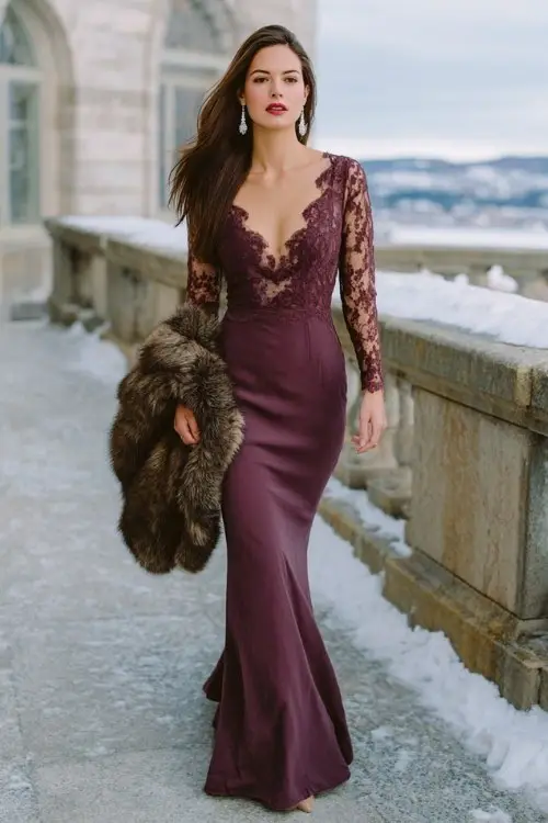 A woman wears a plum-colored gown with a mermaid silhouette, long sleeves, and delicate lace detailing, accessorized with dangling earrings and a faux fur stole