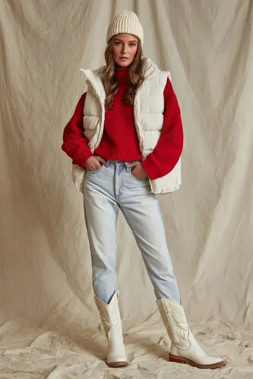 A woman wears a red sweater with a cream puffer vest, light-wash jeans, and white cowboy boots, accessorized with a chunky knit beanie