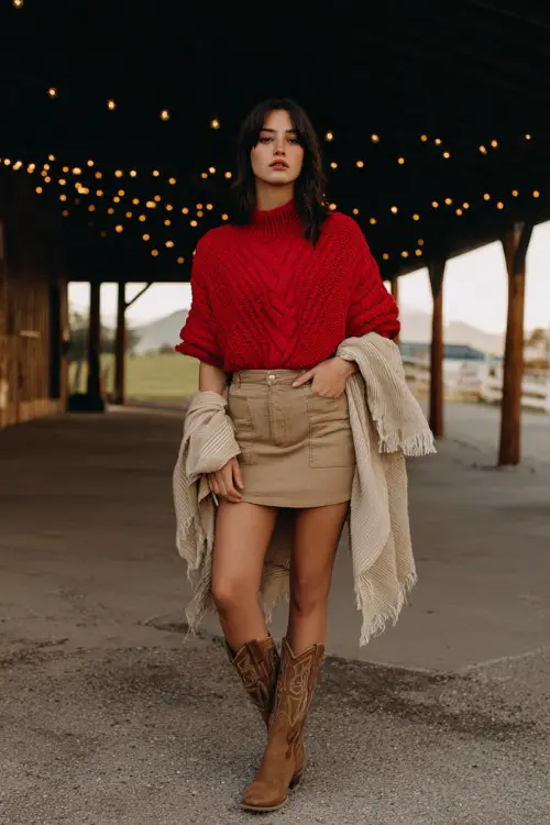 A woman wears a relaxed red cable-knit sweater tucked into a tan suede skirt with brown cowboy boots