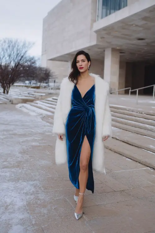A woman wears a sapphire blue velvet wrap gown with a thigh-high slit, paired with a cropped ivory Mongolian fur coat and silver stilettos