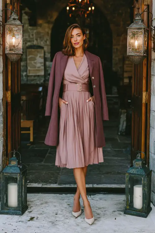 A woman wears a soft mauve pleated dress with a wrap-front top, paired with a belted structured coat and kitten heels
