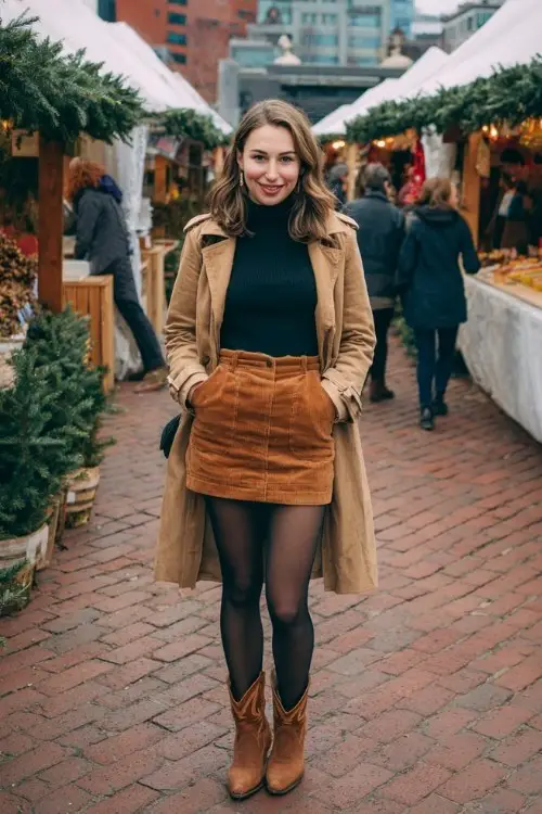 A woman wears a tan corduroy mini skirt with black tights, brown cowboy boots, and a turtleneck under a wool trench coat