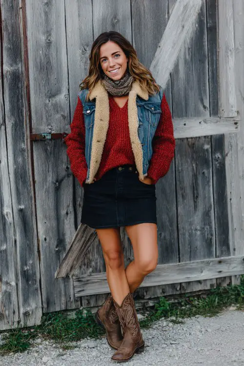 A woman wears a textured red sweater under a denim jacket with a shearling collar, paired with a black mini skirt, brown embroidered cowboy boots, and a warm knit scarf